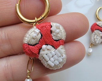 Mushroom Hand Embroidered Statement Earrings With Pearls For Her. Red Fly Agaric Hand Embroidery  Earrings.
