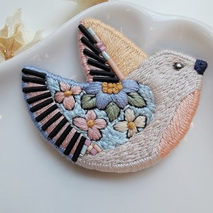 Multicolored Hand Embroidered Bird Pin/Brooch. Exclusive Statement Jewelry For Gift image 2