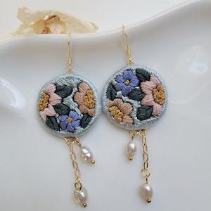 Floral Hand Embroidered Statement Earrings With Pearls For Her. Botanical Hand Embroidery  Earrings.