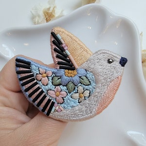Multicolored Hand Embroidered Bird Pin/Brooch. Exclusive Statement Jewelry For Gift image 6