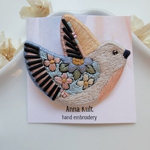 Multicolored Hand Embroidered Bird Pin/Brooch. Exclusive Statement Jewelry For Gift image 9