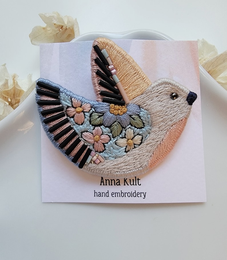 Multicolored Hand Embroidered Bird Pin/Brooch. Exclusive Statement Jewelry For Gift image 9