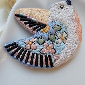 Multicolored Hand Embroidered Bird Pin/Brooch. Exclusive Statement Jewelry For Gift image 3