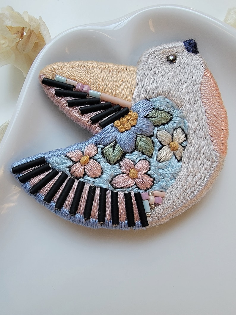 Multicolored Hand Embroidered Bird Pin/Brooch. Exclusive Statement Jewelry For Gift image 3