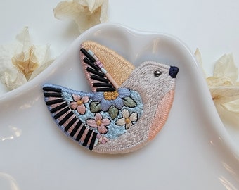 Multicolored Hand Embroidered Bird Pin/Brooch. Exclusive Statement Jewelry For Gift