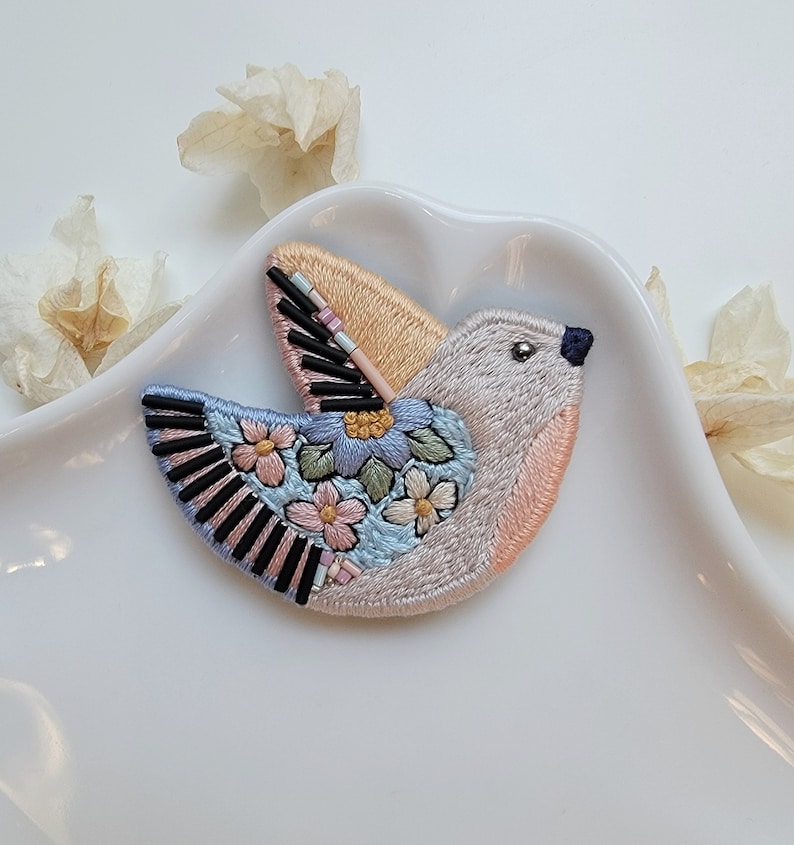 Multicolored Hand Embroidered Bird Pin/Brooch. Exclusive Statement Jewelry For Gift image 1