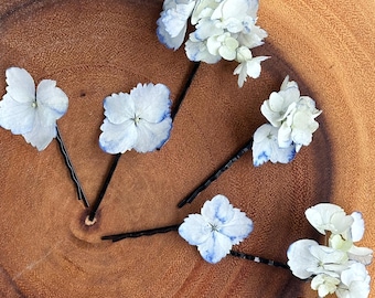 6 Hydrangea Hair Pins, real dried flowers