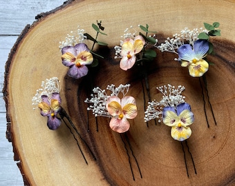 Pansies and Babies Breath Hair Pins, Viola Hair Pins