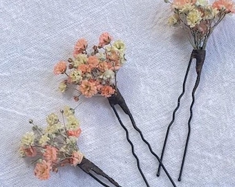 Peach Pink and Ivory Babys Breath Flowers, Gypsophila Hair Pins, dried flowers