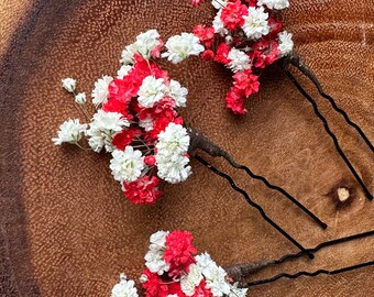 Red and White Babys Breath Flowers, Gypsophila Hair Pins, dried flowers