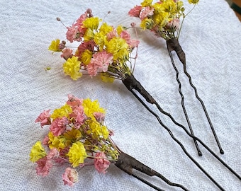 Pink and Yellow Babys Breath Flowers, Gypsophila Hair Pins, dried flowers