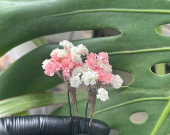 Pink and White Babys Breath Flowers, Gypsophila Hair Pins, dried flowers