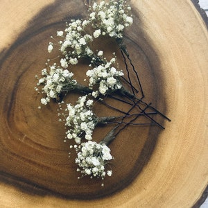 K&ouml;nnte beinhalten: F&uuml;nf wei&szlig;e Baby's Breath Blumenhaarspangen auf einem Holzgrund. Die Spangen sind schwarz und haben eine leichte Biegung am Ende.
