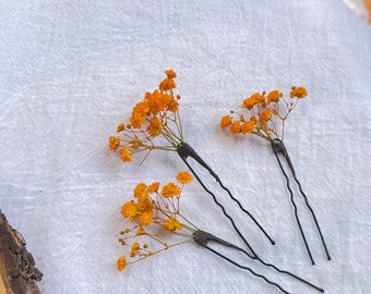 Orange Babys Breath Flowers, Gypsophila Hair Pins, dried flowers
