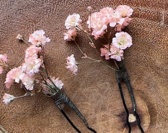 Peach Pink Babys Breath Flowers, Gypsophila Hair Pins, dried flowers