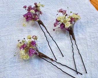 Lilac and Ivory Babys Breath Flowers, Gypsophila Hair Pins, dried flowers