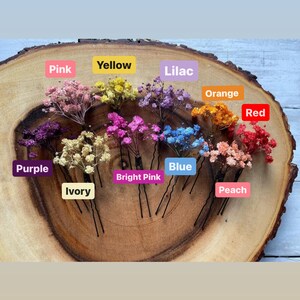 K&ouml;nnte beinhalten: Sortiment von 10 Haarnadeln mit getrockneten Blumen in verschiedenen Farben, darunter rosa, gelb, lila, orange, rot, lila, elfenbein, pink, blau und pfirsich. Die Nadeln sind auf einer Holzoberfl&auml;che angeordnet.