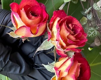 3 Dried Red-Yellow Tea Rose Hair Pins, Real Flower Hair Accessory, Bridal Hair Flower, Wedding Hair Piece, Floral Hair Pin