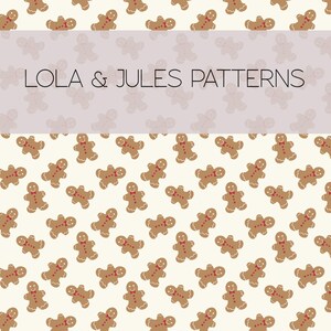 Peut inclure: Motif répété d'hommes en pain d'épices avec des nœuds papillon rouges sur fond crème. Le texte "LOLA & JULES PATTERNS" est affiché dans un rectangle violet clair.