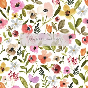 Peut inclure: Un motif sans couture composé d'illustrations à l'aquarelle de différentes fleurs dans des tons de rose, rouge, jaune, orange et bleu. Les fleurs sont entourées de feuilles et de tiges vertes, créant un motif floral délicat et fantaisiste.