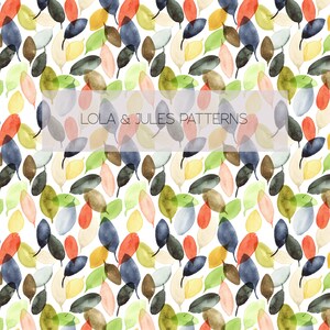 May include: A seamless pattern featuring watercolor painted leaves in various shades of blue, green, red, yellow, and brown. The leaves are scattered randomly across a white background. The text "LOLA & JULES PATTERNS" is centered in the middle of the image.