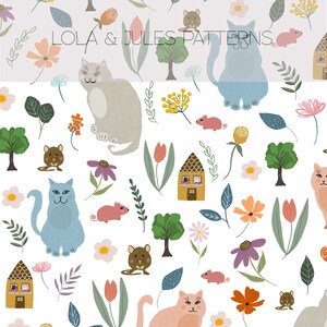 Peut inclure: Un motif sans couture représentant des chats, des souris, des maisons, des fleurs et des arbres. Le motif est de style fantaisiste avec des couleurs vives et un fond blanc. Le texte "LOLA & JULES PATTERNS" est en haut du motif.