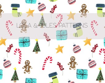 Watercolor Christmas seamless repeat pattern for personal and commercial use, Hand drawn pattern, Digital Paper, Digital Download