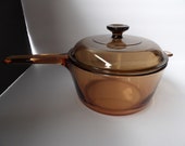 Vintage Corning Visions Visionware Amber Brown Glass 2.5 Litre Saucepan Cooking Pot V-2.5-B Made in USA