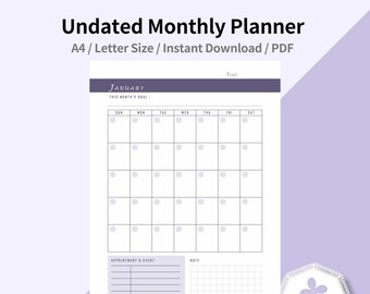 Undated Monthly Planner Printable, Any Month Calendar Template, Monthly Scheduler, Monthly Planner on 1 Page,  A4, US Letter Size, PDF
