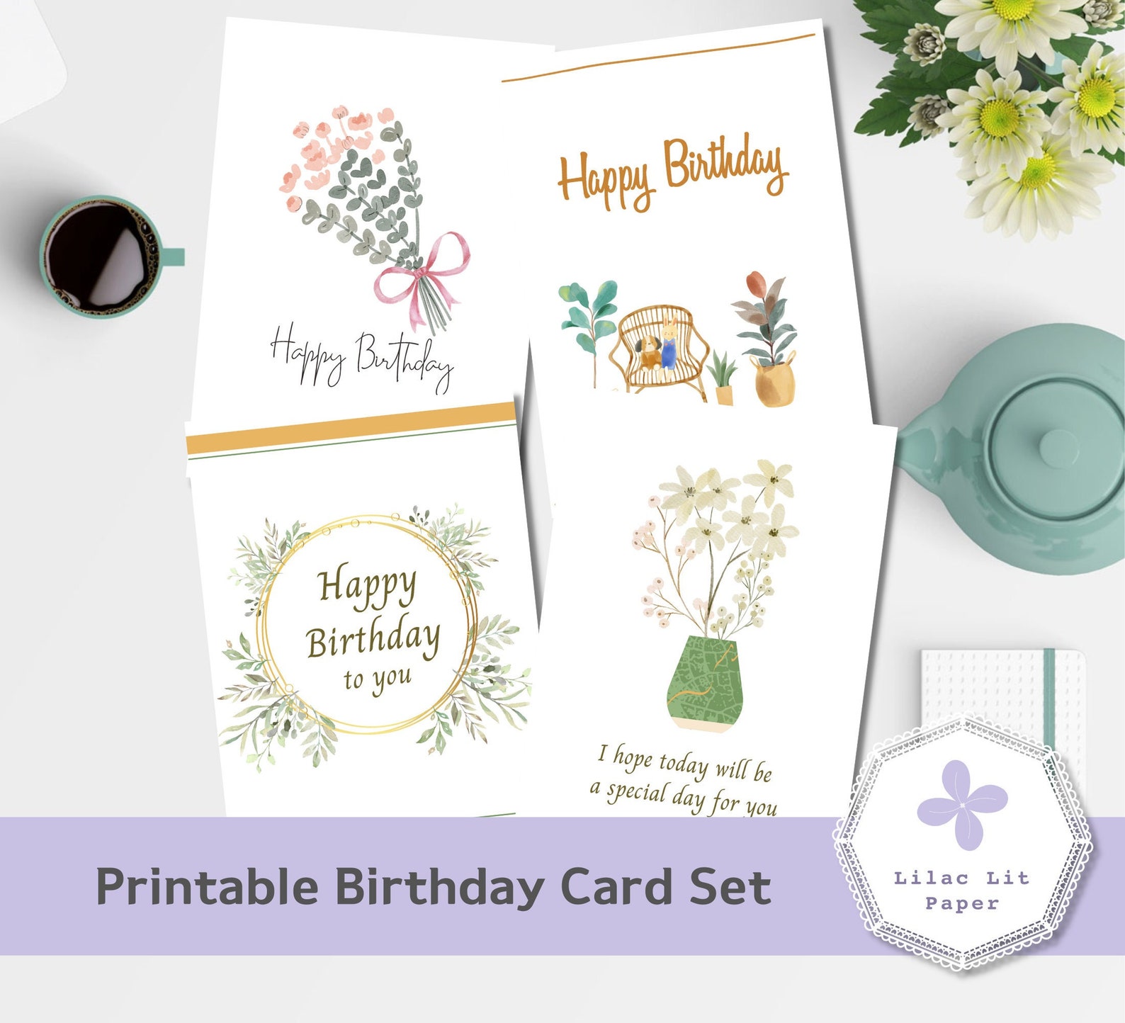 Set of 4 Printable Boho Birthday Card Happy Birthday Card - Etsy