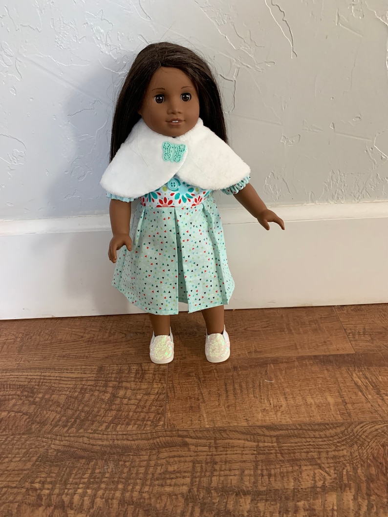 white cape Cotton Doll dress with cape for an 18 doll with short sleeves in shades of cool mint green with soft fleece Dress #12