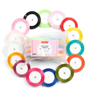 May include: A set of 15 colorful satin gift wrap ribbons in a clear plastic bag. The ribbons are arranged in a circle around the bag. The bag has a label that says "incraffables gift wrap ribbon 15-PACK 1.5 inches wide per spool".
