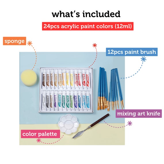 Incraftables Acrylic Paint Set w/ 24 Colors Acrylic Paints, 12 Brushes, Sponge, Pallet & Craft Knife, Size: Assorted