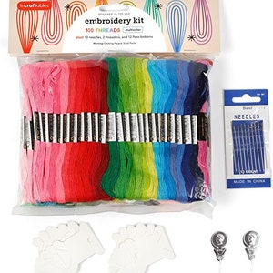 May include: Embroidery kit with 100 multicolor threads, 10 needles, 2 threaders, and 12 floss bobbins. The kit is packaged in a clear plastic bag with a colorful design.