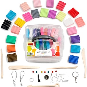 May include: A polymer clay set with 24 pieces, including colorful clay blocks, sculpting tools, and accessories. The clay blocks are arranged in a rainbow of colors, such as pink, blue, green, and yellow. The set includes a clear plastic container.