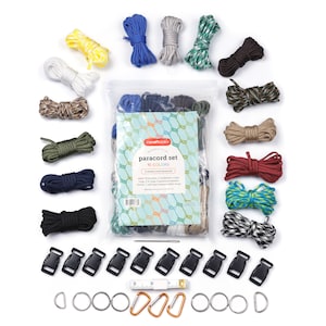 May include: A paracord set with 15 colors of paracord, 10 buckles, 2 carabiners, 6 key rings, 2 D rings, 1 needle, 1 tape measure, and 8 cord locks. The paracord is 3 meters each piece. The set is packaged in a clear plastic bag with a label that says "paracord set 15 colors 3 meters each paracord".