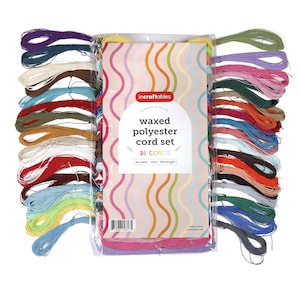 May include: A package of 36 waxed polyester cords in various colors. Each cord is 10 meters long and 1 mm thick. The package is labeled "incraftables waxed polyester cord set 36 CORDS".