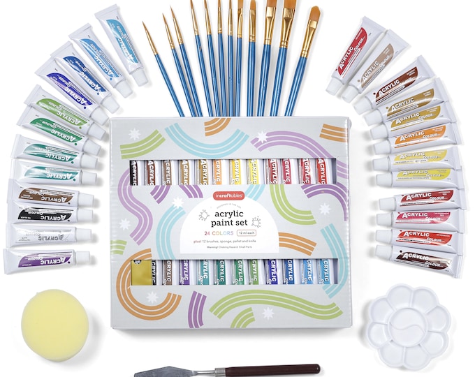 Incraftables Acrylic Paint Set For Adults And Kids. 24 Colors Acrylic Paints For Canvas Painting With 12 Brushes, Sponge, Pallet And Craft