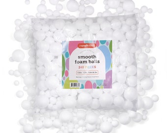 May include: A clear plastic bag filled with 240 white foam balls of various sizes, ranging from 0.8 inches to 2 inches in diameter. The bag has a label that reads "incraftables smooth foam balls 240 PIECES 0.8in, 1.2in, 1.6in & 2in Warning Choking Hazard Small Parts".