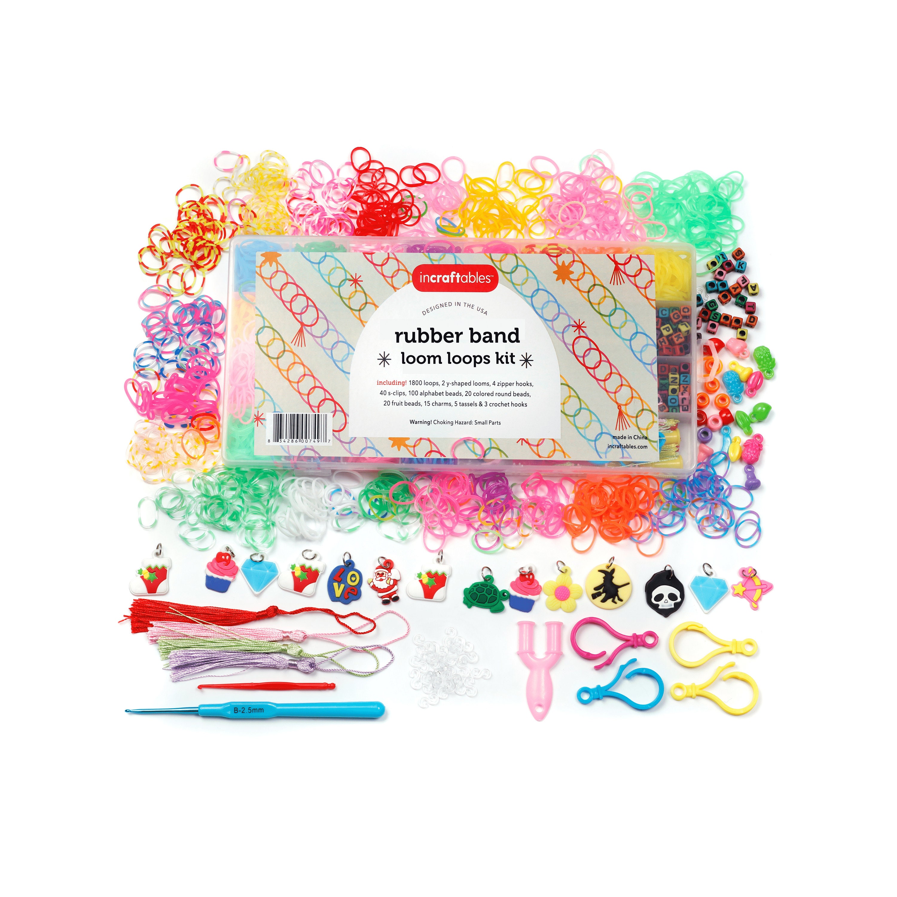 Incraftables Rubber Band Bracelet Making Kit. Rainbow Rubberband Set With Y- loom Zipper Hook S-clips Beads, Charms, Tassels & Crochet Hooks. 