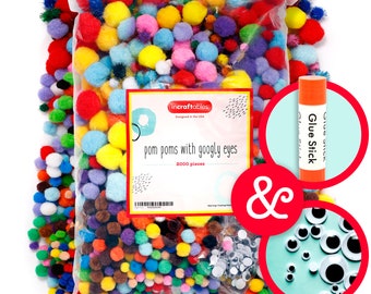 Incraftables 2000 Pcs Pom Poms with Googly Eyes. Best Colored and Glitter Cotton 0.4 to 1.4 inch Balls for DIY Craft, Hats and Decorations