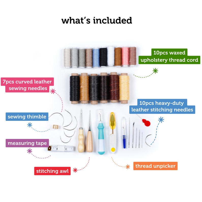 May include: A leather sewing kit with a variety of tools, including needles, thread, a thimble, a stitching awl, and a thread unpicker. The kit also includes a measuring tape and a set of curved leather sewing needles. The kit is laid out on a white surface.