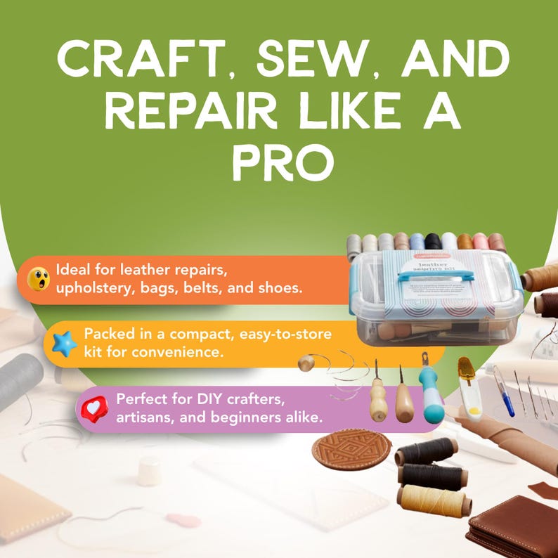 Incraftables Leather Sewing Kit. Heavy Duty Stitching Craft Working Tools Set. Upholstery Repair Kit for Beginner Hand Sewing image 5