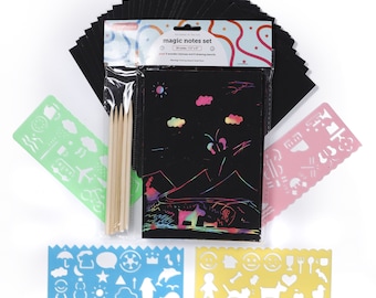 Incraftables Rainbow Scratch Paper Set. Magic Notes Kit with 30pcs Scratch Art Paper, 5pcs Wooden Stylus & 4pcs Drawing Stencils
