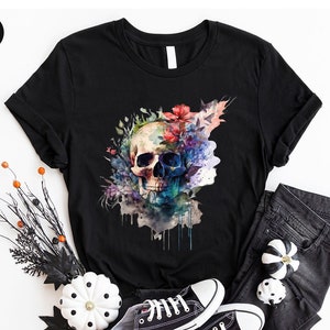 Floral Skull T-Shirt, Boho Outfit, Wild Flowers Shirt, Womens Vneck TShirt, Graphic Tees for Women, Gift for Her, Spring Clothing