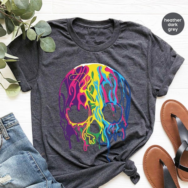 Chemise têtes de mort arc-en-ciel, t-shirt effrayant, chemise têtes de mort, chemise gothique, t-shirt squelette, vêtements têtes de mort, chemise tendance pour femme, chemise esthétique