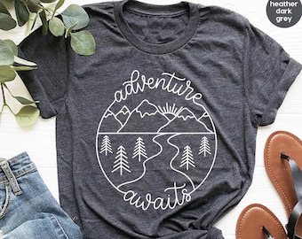 Adventure TShirt, Adventure Awaits Shirt, Camping Shirts, Mountain TShirt, Hiker TShirts, Nature Lover Shirt, Camping Gift, Vacation Shirt