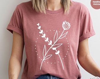 Minimalist Shirts, Floral Design Tshirt, Aesthetic Tshirts, Botanical Gifts, Inspirational Women, Minimal Flower Tshirt, Cute Flowers Tee