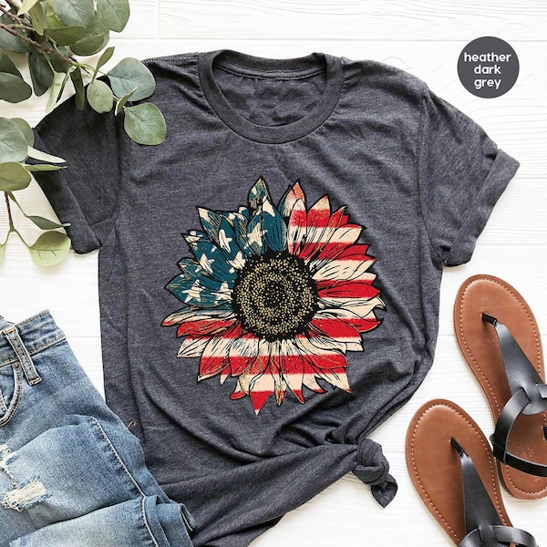 America Sunflower Shirt, USA Flag Flower T Shirt, Gift For American, 4th Of July Flag Graphic T-Shirt, Freedom TShirt, Independence Shirt