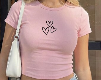 Minimalist Micro Rib Tee, Three Hearts Baby Tee, Aesthetic Y2K Crop Top, Minimalist Heart Cropped Tee, Soft Girl  Trendy Micro Rib Baby Tee